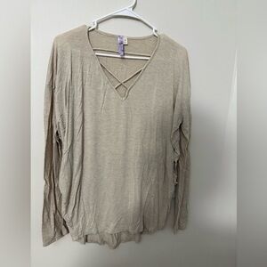 Alya Beige Crisscross V-Neck Long Sleeve Top